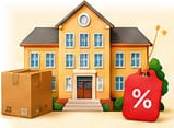 School building with bulk order boxes and a discount tag