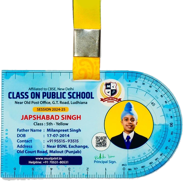Acrylic school ID card on a yellow lanyard