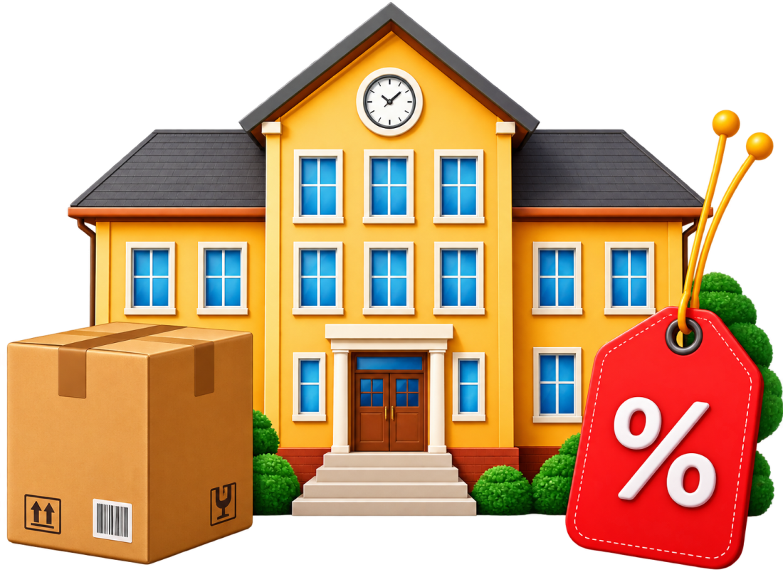 School building with boxes of bulk orders