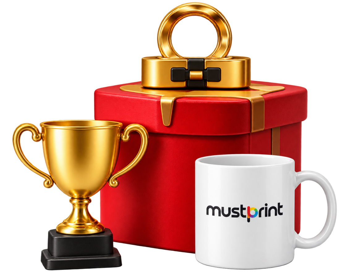 Gold trophy, red gift box and printed mustprint mug